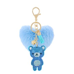 Porte-clés avec pompon cœur ourson bleu